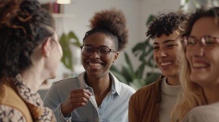 A group laughing and engaged in conversation, reflecting a lively and warm atmosphere filled with friendly interaction.