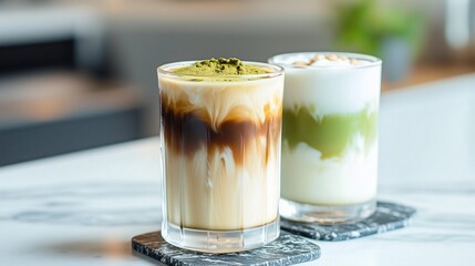 two glass cups with iced matcha and latte
