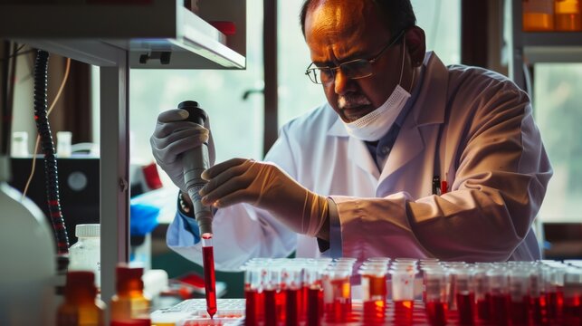 In a lab filled with scientific equipment, a scientist conducts a careful experiment with blood samples, embodying precision.