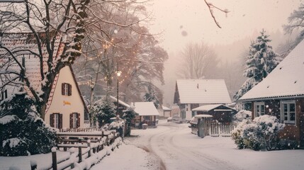 A serene village blanketed in snow with quaint houses and trees, creating a picturesque and peaceful winter landscape.