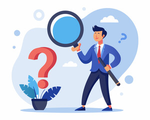 Problem analysis, analyze information to find solution or answer, solving problem or trouble, challenge to think overcome difficulty concept, businessman analyze question mark with magnifying glass.