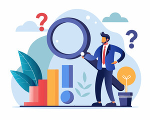 Problem analysis, analyze information to find solution or answer, solving problem or trouble, challenge to think overcome difficulty concept, businessman analyze question mark with magnifying glass.
