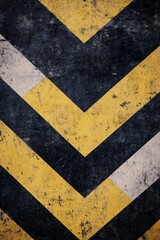 Fototapeta premium Bold yellow and black warning sign with chevron patterns against a weathered background
