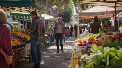 A bustling market scene under leafy trees, with shoppers engaging with vendors selling fresh produce in a lively, community-focused environment.