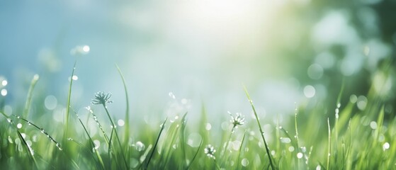 Obraz premium Soft morning light illuminates dewdrop-covered grass with delicate flowers in a tranquil setting