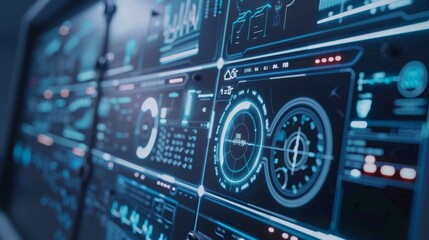 Fototapeta premium A sophisticated digital interface with blue and white glowing elements, representing advanced data visualization and control in a futuristic environment.