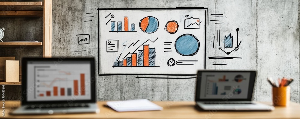 Poster digital display of business graphs and analytics on laptops in a modern office setting depicting dat