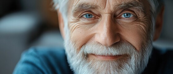 An elderly man smiles warmly, displaying his blue eyes and white beard, conveying a sense of joy and kindness indoors