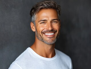 Obraz premium A cheerful man with gray hair stands confidently, smiling brightly against a textured dark backdrop