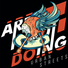 Obraz premium Illustration of a giant eye in tattoo style with wings, tongue and protruding teeth, on a skateboard, biting the board with decorative text, urban style with vibrant colors.