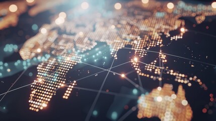 An illuminated digital map of the world highlights continents with glowing lines, emphasizing global connectivity and modern data visualization.