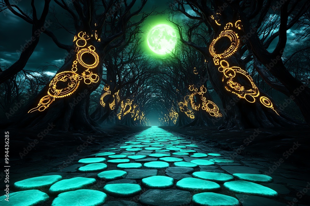 Poster A dark forest with towering ancient trees, their branches entangled with golden clock gears. The moon glows green in the night sky, casting a soft light over a pathway made of glowing teal stones