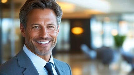 Fototapeta premium A man dressed in a suit smiles warmly while standing in a bright, contemporary office environment