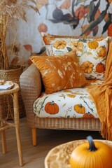 Cozy autumn living room with vibrant orange decor, pumpkins, and seasonal pillows
