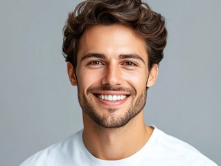 Fototapeta premium A young man beams with joy, showcasing his wavy hair and friendly demeanor while wearing a simple white shirt