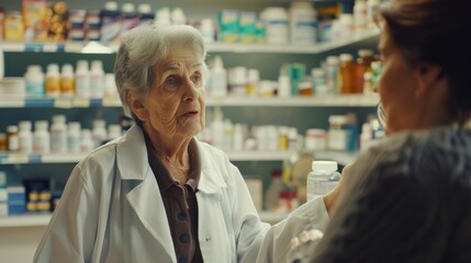 Obraz premium An elderly pharmacist attentively converses with a customer in a well-stocked pharmacy, providing essential guidance amidst shelves lined with medicinal bottles.