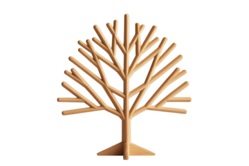 Wooden branch tree sculpture design with minimalist and geometric structure. The natural wood grain emphasizes its organic and modern aesthetic. Isolated on transparent background, png.