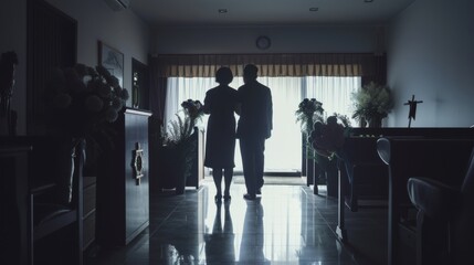 Framed by a softly-lit room, an elderly couple, silhouetted against large windows, stand arm-in-arm, reflecting in a moment of companionship and memory.