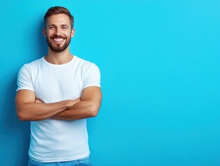 Fototapeta premium A young man smiles warmly with arms crossed, relaxed against a blue background