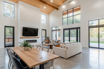 Fototapeta premium Modern living room and kitchen design featuring open space and natural light in a contemporary home