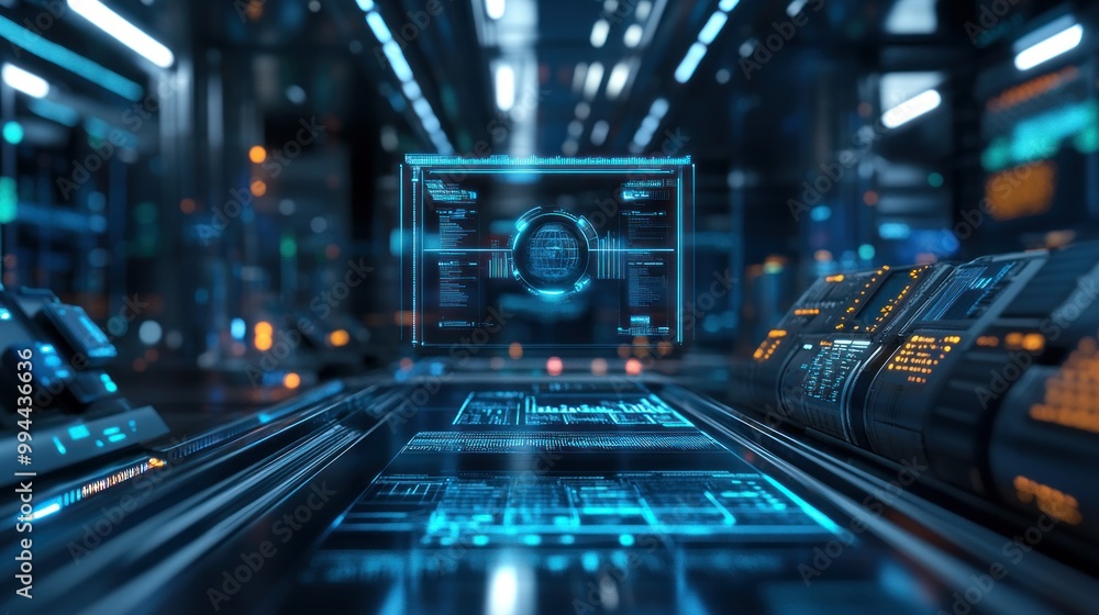 Poster Futuristic Technology Interface with a Global Network Icon in a Dark Room