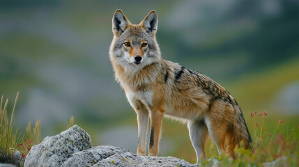 Obraz premium Coyote wildlife portrait in forest setting, beautiful grey predator face closeup, wild canine mammal with orange fur, carnivore animal in nature habitat, adorable canis latrans profile in wilderness