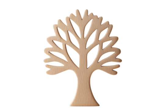 Wooden tree silhouette cutout design featuring smooth lines and an elegant, natural form. This design combines simplicity with an organic aesthetic. Isolated on transparent background, png.