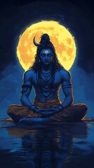 Lord Shiva meditating under a full moon, Hindu deity, god, spirituality