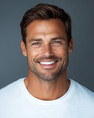 Fototapeta premium A cheerful man with a well-groomed beard and bright smile stands confidently in casual attire