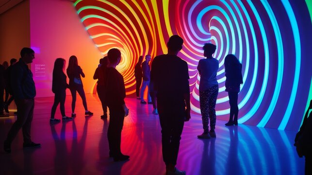 Silhouetted figures explore an immersive, colorful vortex exhibit that wraps the room with spirals of vivid rainbow hues, creating a dynamic and engaging art experience. - Powered by Adobe