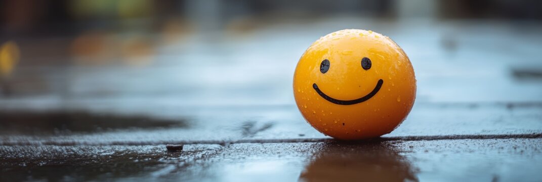 a smiley face painted on an orange on a rainy day