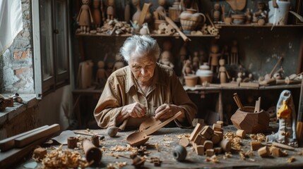 An elderly woman diligently working on a wooden craft in a cluttered workshop, surrounded by wooden models and tools, capturing the essence of dedicated craftsmanship.