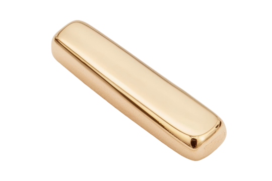 Gold metallic bar-shaped design with a smooth and polished surface. The minimalistic form emphasizes its luxurious and modern aesthetic. Isolated on transparent background, png.