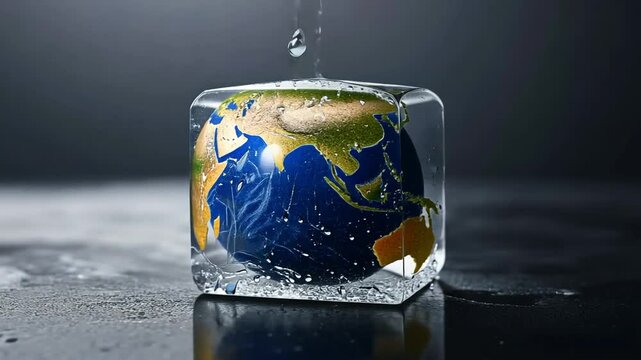 Water dropping on melting ice cube encasing planet earth