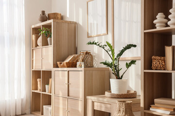 Interior of light living room with shelf units and drawers