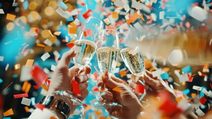 Fototapeta premium Hands holding champagne glasses in a jubilant toast amidst vibrant confetti, highlighting a moment of celebration and joy.