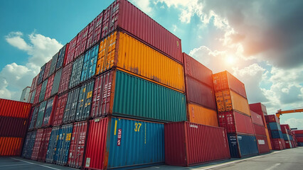 Stack of Colorful Shipping Containers at Sunset