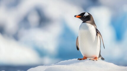 Naklejka premium Gentoo penguin standing on snow-covered ground with icy backdrop in winter