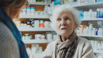 Obraz premium An elderly woman at a pharmacy listens attentively to a pharmacist, surrounded by medications, exemplifying care, communication, and respect in a healthcare setting.