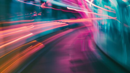 Vibrant streaks of neon lights blur against a dark urban backdrop, capturing the essence of night-time energy and motion in the city.
