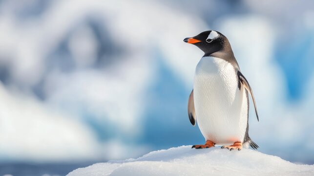 Gentoo penguin standing on snow-covered ground with icy backdrop in winter - Powered by Adobe