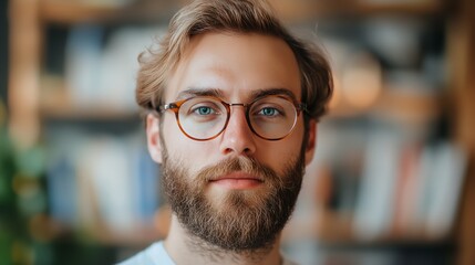 Fototapeta premium A man with glasses and a beard is smiling for the camera. The image has a warm and friendly mood, as the man is happy and confident
