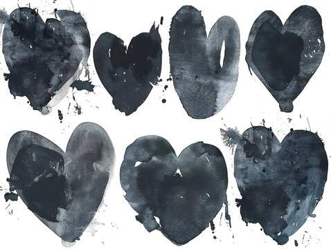 Black watercolor horizontal grunge heart shaped stains set - Powered by Adobe