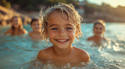 A joyful child smiling and playing in water with friends in the background, capturing a moment of pure happiness during summer