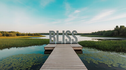 A wooden dock leads to the word BLISS, gray letters on a lake with green reeds and blue sky. 
Tranquil summer lake scene with a message of peace and happiness. 
