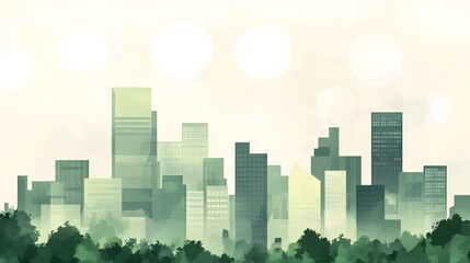 A flat illustration of an urban skyline made up entirely of green buildings, set against the backdrop of a pale sky with large white circles