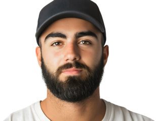 Handsome bearded man in baseball cap portrait, smiling young male model wearing casual t-shirt, trendy lifestyle fashion shot, confident guy with stylish beard posing, cheerful adult headshot