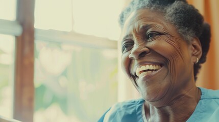 An elderly woman beams with joy, her warm smile radiating happiness as she sits by a bright window.