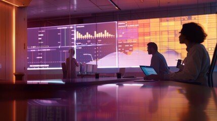 Professionals work in a high-tech control room, analyzing data on multiple screens in a modern, dimly-lit office environment.