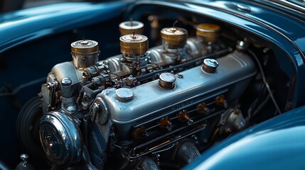Fototapeta premium A close up of a car engine with a blue background. The engine is old and has a vintage look to it